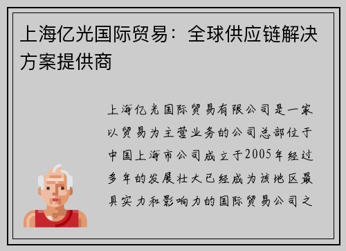 上海亿光国际贸易：全球供应链解决方案提供商